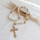 Our Lady of Guadalupe White and Gold Wood Rosary