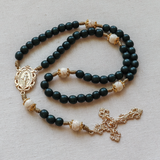 Miraculous Medal Dark Green Wood and Calcutta Stone Rosary