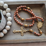 Miraculous Medal Orange Wood and Gold Rosary