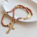 Miraculous Medal Orange Wood and Gold Rosary