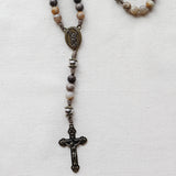 Saint Michael Bamboo Leaf Agate Stone Rosary