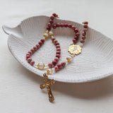 Madonna and Child Rhodonite and Pearl Stone Rosary