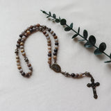 Saint Michael Bamboo Leaf Agate Stone Rosary