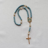 Madonna and Child Blue Wood and White Jade Rosary