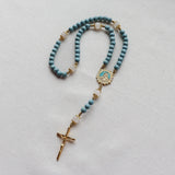 Madonna and Child Blue Wood and White Jade Rosary