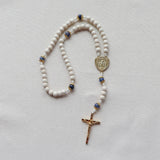 White and Blue Miraculous Medal Rosary with Hammered Crucifix