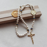 White and Blue Miraculous Medal Rosary with Hammered Crucifix