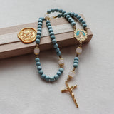 Madonna and Child Blue Wood and White Jade Rosary