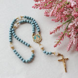 Madonna and Child Blue Wood and White Jade Rosary