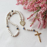 White and Blue Miraculous Medal Rosary with Hammered Crucifix