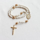 Miraculous Medal White and Gold Wood Rosary