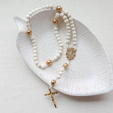 Miraculous Medal White and Gold Wood Rosary