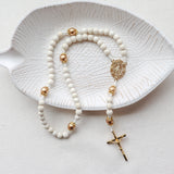 Miraculous Medal White and Gold Wood Rosary