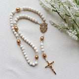 Miraculous Medal White and Gold Wood Rosary