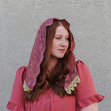 Mauve Pink and Gold Lace Triangle Chapel Veil