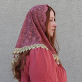 Mauve Pink and Gold Lace Triangle Chapel Veil