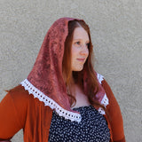 Mauve Pink and White Lace Triangle Chapel Veil