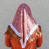 Mauve Pink and White Lace Triangle Chapel Veil