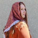 Mauve Pink and White Lace Triangle Chapel Veil