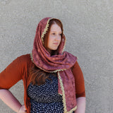 Mauve Pink and Gold Rose Lace Shawl Wrap Veil