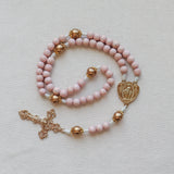 Miraculous Medal Pink and Gold Wood Rosary