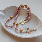 Miraculous Medal Pink and Gold Wood Rosary