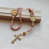 Miraculous Medal Pink and Gold Wood Rosary