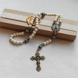 Our Lady of Fatima White Wood and Turquoise Rosary