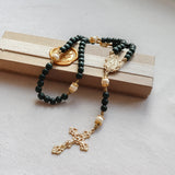 Miraculous Medal Dark Green Wood and Calcutta Stone Rosary