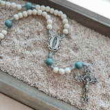 Our Lady of Guadalupe White and Blue Wood Rosary